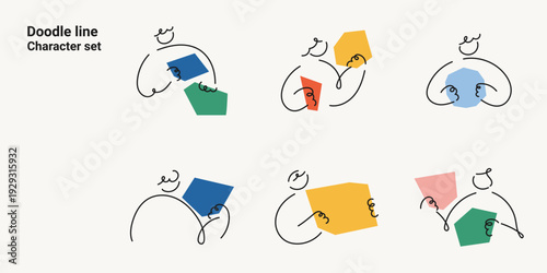 Doodle line character set with abstract people figures and geometric shapes. One line drawing minimalist vector illustration collection for modern creative design projects colorful.