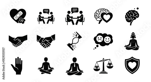 Collection of black icons representing wellness and business concepts.
