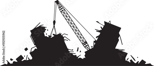 Black silhouette of a demolition site with a crane