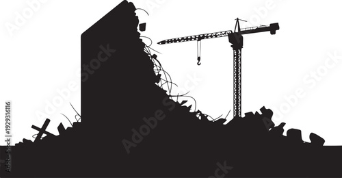 Black silhouette of a destroyed building with a crane