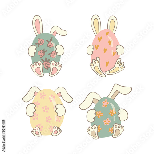 Cute four Easter bunny characters holding decorated eggs vector illustration. Pastel colors, floral and heart patterns, soft outline style. Isolated on light background, perfect for spring holiday