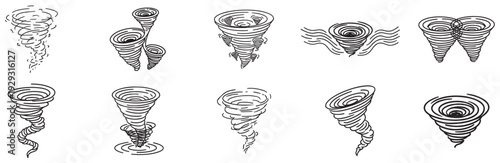 tornado and cyclone funnel icon set, spiral whirlwind storm symbols, outline vector illustration isolated on transparent background