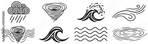 ocean waves and storm elements icon set, water splash tornado rain and wind outline vector illustration isolated on transparent background