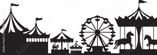 Black silhouette of amusement park with ferris wheel and merry go round