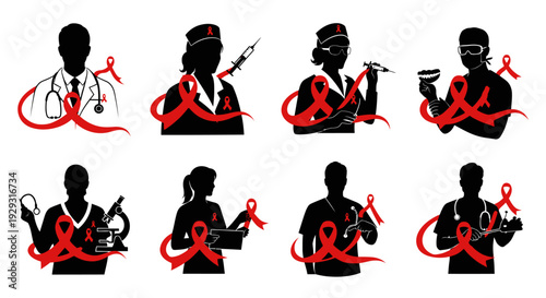 Silhouettes of medical professionals with red ribbons symbolizing HIV awareness.