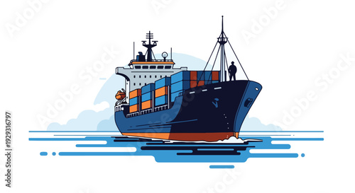 Illustration of a cargo ship sailing on calm waters with stacked shipping containers on deck and a white background.