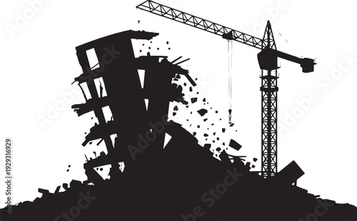 Black silhouette of building demolition with crane