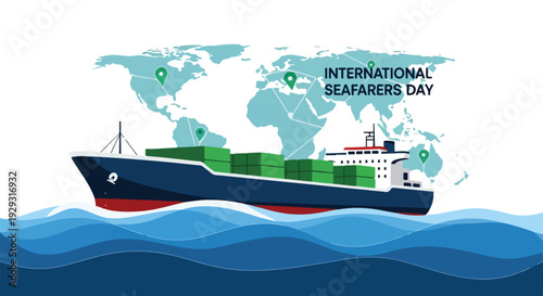 Illustration of a cargo ship sailing on the ocean with a world map and International Seafarers Day text in the background.