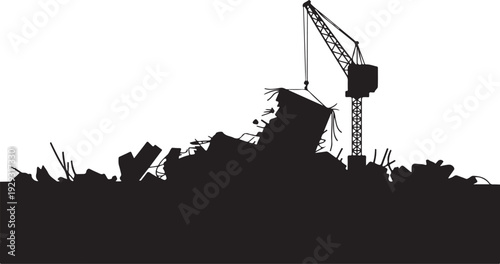 Black silhouette of construction crane and debris