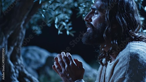 Divine 4K Slow Motion of Jesus Christ Praying in Gethsemane Under an Olive Tree