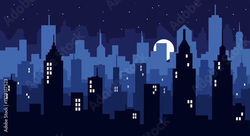 night cityscape with moon and skyscrapers