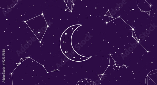 Night sky with constellations and crescent moon