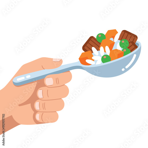 Hand holding spoon with healthy meal.