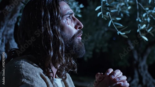 Profound 4K Biblical Scene of Jesus Christ Praying in Agony with Tears in the Garden of Gethsemane at Night