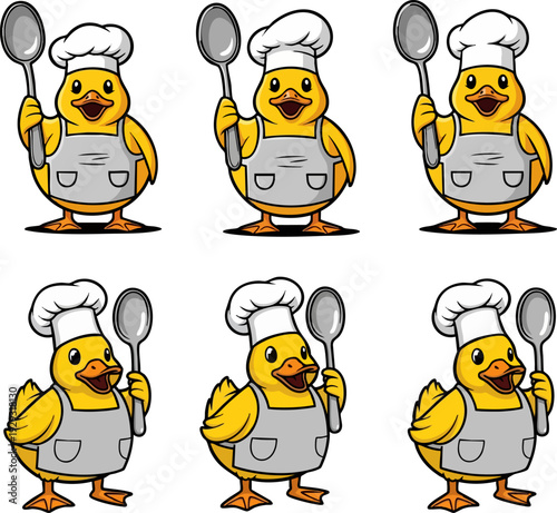 Set of 6 Cartoon Duck Chef Mascot Vector Illustrations
