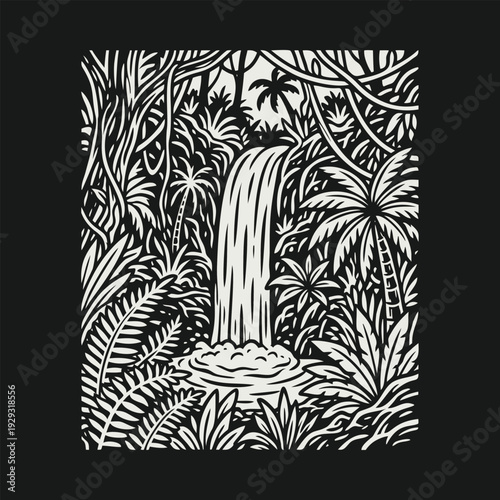Stylized Tropical Jungle Waterfall Vector Illustration