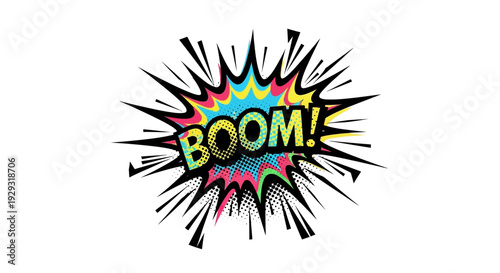 Vibrant colorful BOOM comic explosion.
