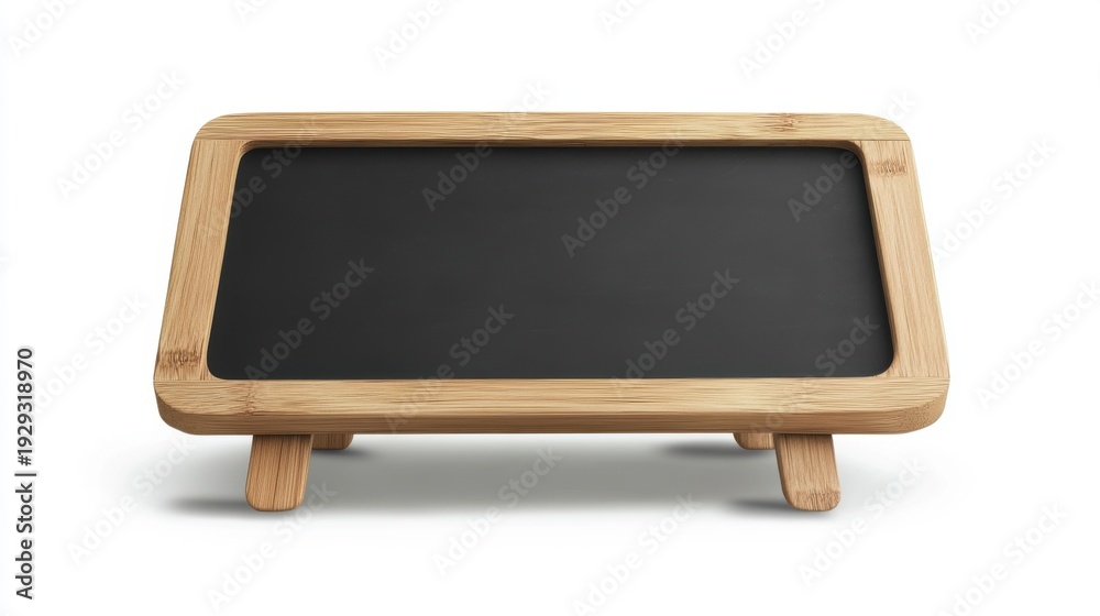Obraz premium A small chalkboard with a dark surface is supported by a light wooden frame and legs on a plain white surface alpha channel with white background
