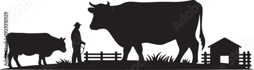 Black silhouette of cowboy with cattle and farm buildings