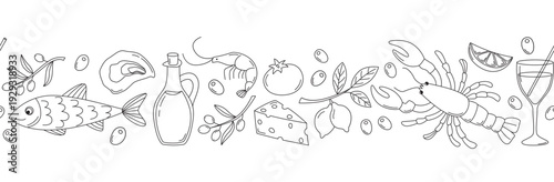 Seamless border with Mediterranean cuisine elements in doodle style. Horizontal pattern with olives, lemon, oil, lobster, sardine, oyster, cheese etc