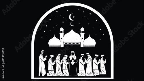 Muslim worshippers praying in mosque silhouette illustration, Islamic prayer night scene, Ramadan spirituality art, crescent moon stars design vector background