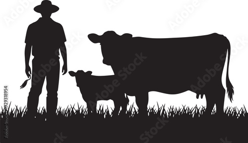 Black silhouette of cowboy with calf and cow in grass