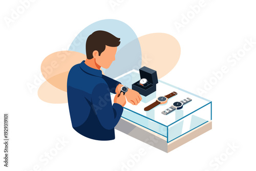 Man examining luxury watches in a display case.