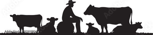 Black silhouette of cowboy with cattle cows calves