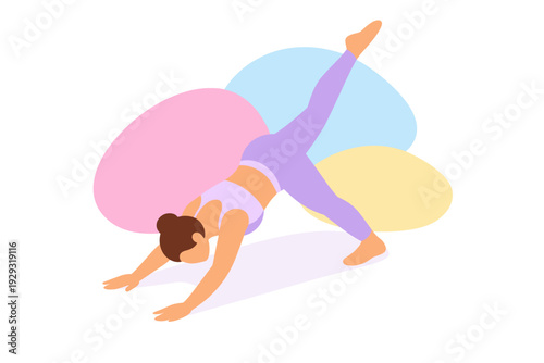 Woman practicing yoga in a downward dog pose with one leg extended.