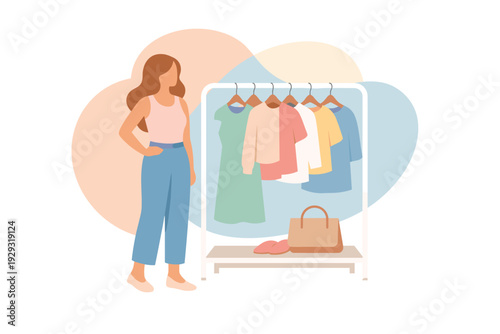 Woman choosing clothes from a rack with colorful garments.