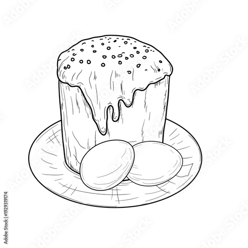 Sweet paska with glaze and eggs, on a plate, hand-drawn sketch. Vector illustration. Sweet flour pastry, Easter cake isolated on a white background. Hand drawn, Not AI