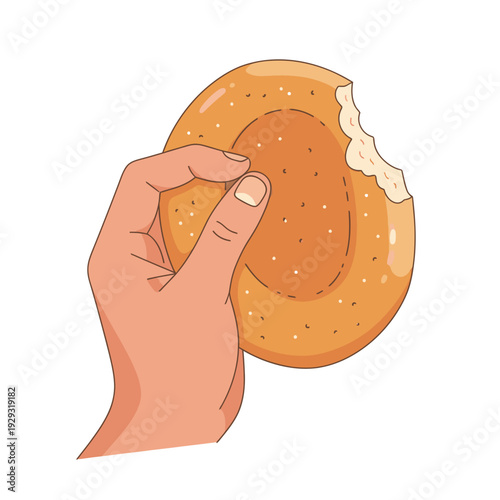 Hand holding bitten glazed donut with cream.
