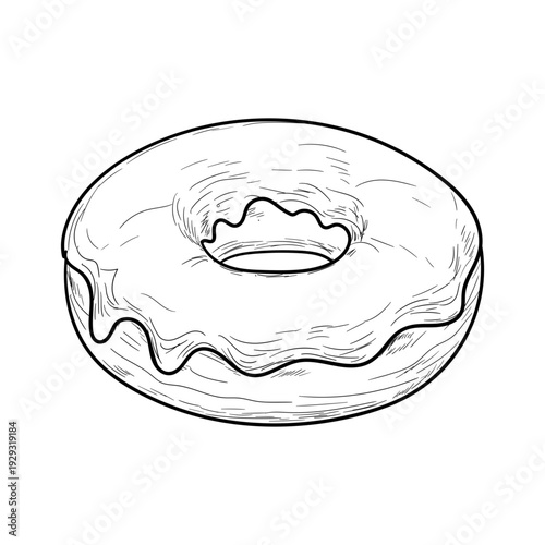 Donut drizzled with gourd, black and white sketch. Vector illustration. Sweet flour pastries, isolated on a white background. For kitchen decor, textile printing, menus, Hand drawn, Not AI