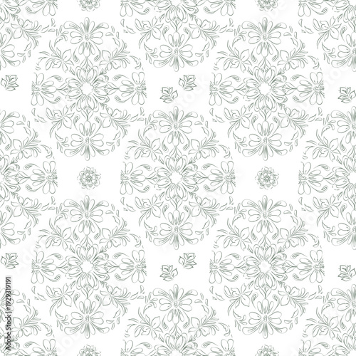 Floral botanical line art in form of Easter eggs. Vector illustration. Elements of wild and garden plants and herbs on seamless pattern. Suitable for printing on fabric, invitations, and nursery decor