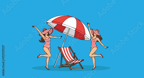 Two women in swimsuits dancing with beach umbrella and deck chair vector