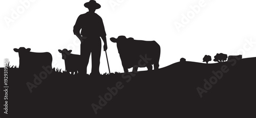 Black silhouette of cowboy with cattle on grassy hill