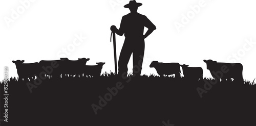 Black silhouette of cowboy with cattle sheep livestock