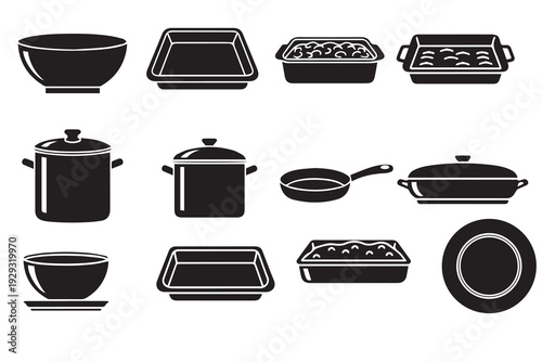 Kitchenware Icon Set: Cooking Pots, Pans, and Baking Dish Silhouettes for Culinary Design