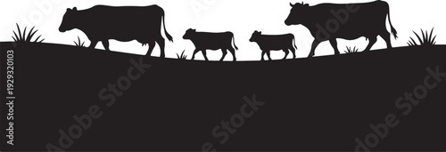 Black silhouette of cows and calves walking on a hill
