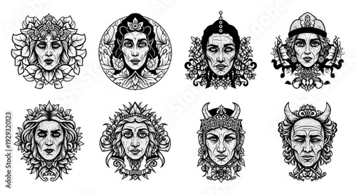 Intricate portraits of women with ornate headwear and detailed facial features, artistic expressions.