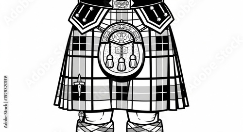 Detailed illustration of a traditional Scottish kilt with intricate design and accessories.