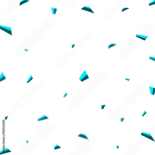 Abstract 3D Blue Geometric Fragments on White Background, Dynamic Cyan Shards Falling with Depth of Field Blur, Modern Futuristic Broken Glass Explosion 3D Render, Clean Minimalist Floating Polygonal 