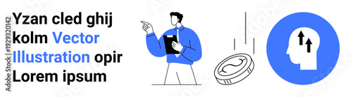 Finance, decision-making, growth, innovation, leadership, creative thinking. A person with a clipboard, coin and human head icon with arrows. Finance and decision-making