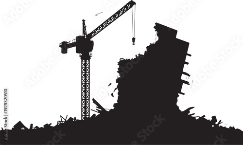 Black silhouette of crane demolishing building demolition