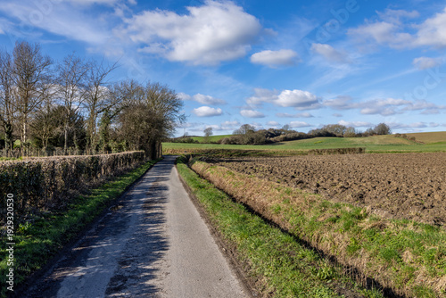 Looking along a narrow country road in Sussex, with a ditch and farmland to one side