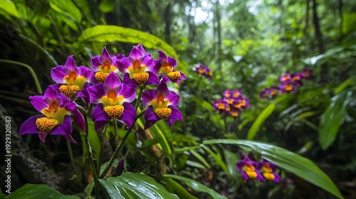 Vibrant purple orchids with yellow centers bloom in a lush green forest surrounded by tropical foliage and natural light