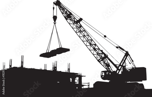 Black silhouette of crane lifting concrete slab at construction site