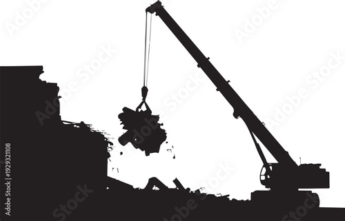 Black silhouette of crane lifting debris construction