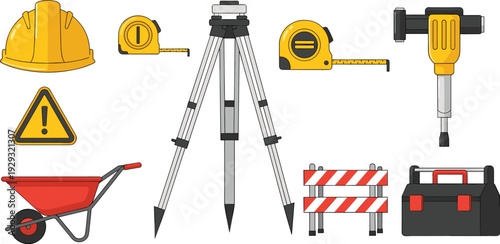 Construction tools and equipment icon set with helmet tripod drill wheelbarrow and barriers vector illustration