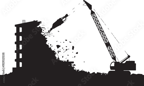 Black silhouette of demolition crane destroying building